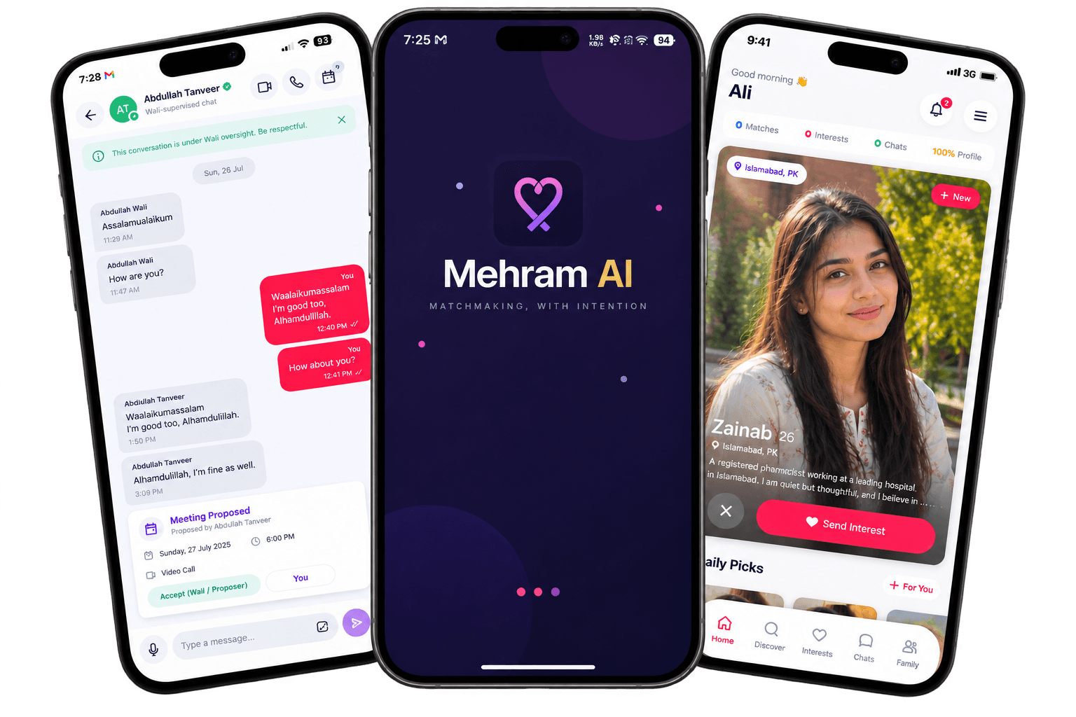 Mehram AI mobile app screens